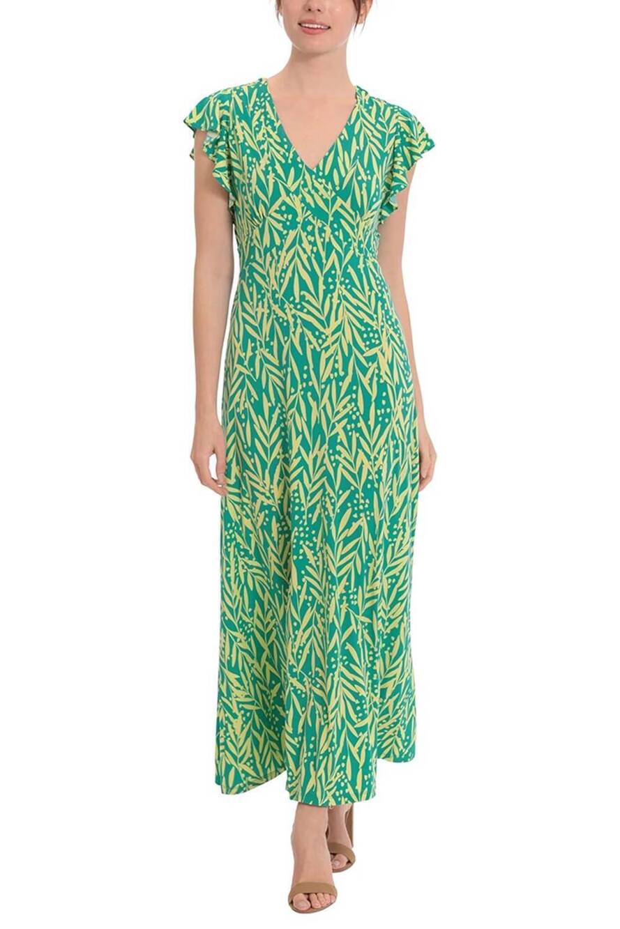 NEW LONDON TIMES floral flutter sleeve maxi dress in green yellow